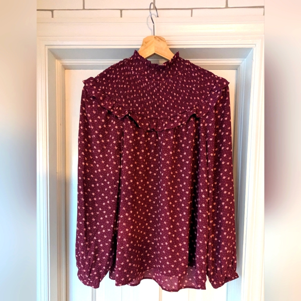 LOFT long sleeve Maroon blouse, Small - new with tags, ruching button detail NWT